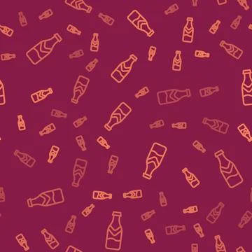 Brown line Beer bottle icon isolated seamless pattern on red background. Vector Illustrazione stock