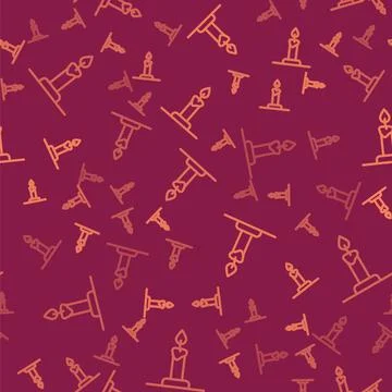 Brown line Burning candle in candlestick icon isolated seamless pattern on red 스톡 일러스트