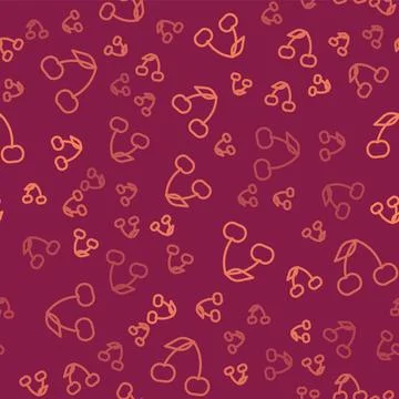 Brown line Cherry icon isolated seamless pattern on red background. Fruit w.. Stock Illustration