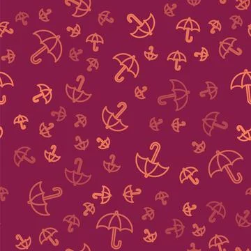Brown line Classic elegant opened umbrella icon isolated seamless pattern on red Illustrazione stock