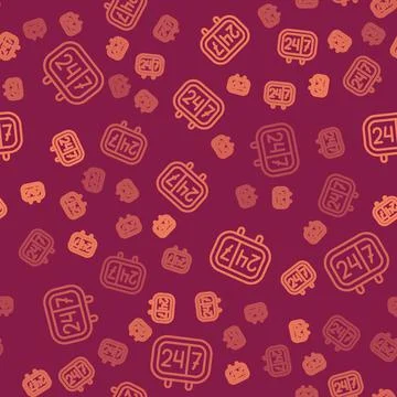 Brown line Clock 24 hours icon isolated seamless pattern on red background. All Stock Illustration