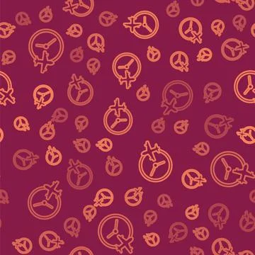 Brown line Clock with airplane icon isolated seamless pattern on red background Stock Illustration