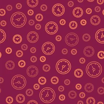 Brown line Clock icon isolated seamless pattern on red background. Time symbol Stock Illustration