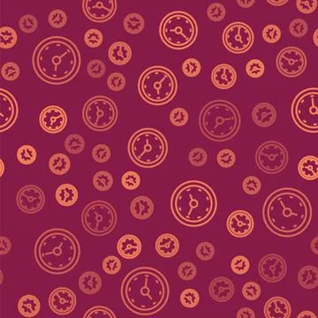 Brown line Clock icon isolated seamless pattern on red background. Time symbol Stock Illustration