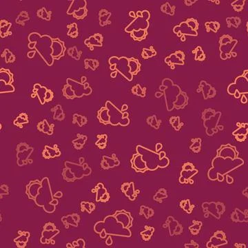 Brown line Cloud with rain and sun icon isolated seamless pattern on red Stock Illustration