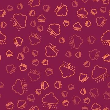Brown line Cloud with rain and lightning icon isolated seamless pattern on red イラスト素材
