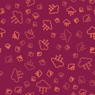 Brown line Cloud with rain icon isolated seamless pattern on red background Stock Illustration