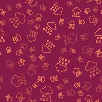 Brown line Cloud with rain icon isolated seamless pattern on red background.. Stock Illustration
