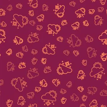 Brown line Cloud with snow and sun icon isolated seamless pattern on red Stock Illustration