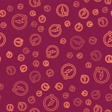 Brown line Compass icon isolated seamless pattern on red background. Windrose Illustrazione stock