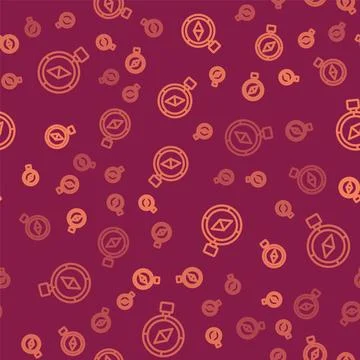 Brown line Compass icon isolated seamless pattern on red background. Windrose Ilustración de archivo
