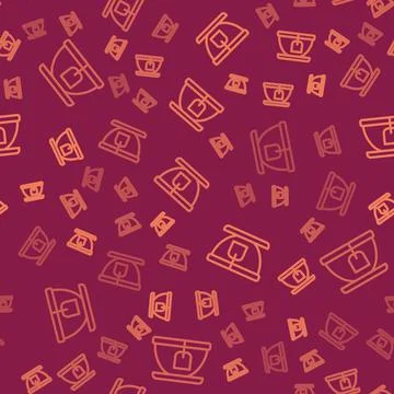Brown line Cup with tea bag icon isolated seamless pattern on red background Stock Illustration