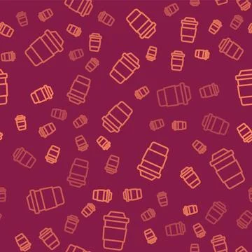 Brown line Cup of tea icon isolated seamless pattern on red background. Vector イラスト素材