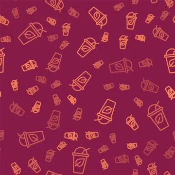 Brown line Cup of tea with leaf icon isolated seamless pattern on red background Illustrazione stock