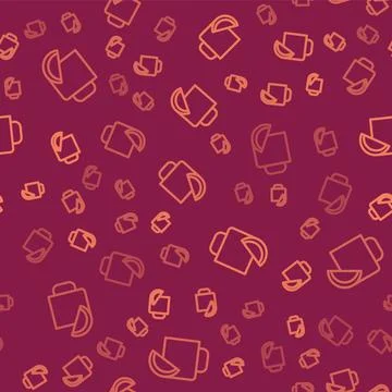 Brown line Cup of tea with lemon icon isolated seamless pattern on red back.. Stock Illustration