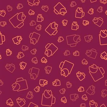 Brown line Cup of tea with rose icon isolated seamless pattern on red backgro 스톡 일러스트