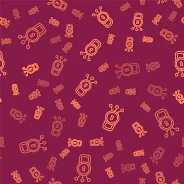 Brown line Cyber security icon isolated seamless pattern on red background Stock Illustration