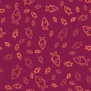 Brown line Dead fish icon isolated seamless pattern on red background. Vector Stock Illustration