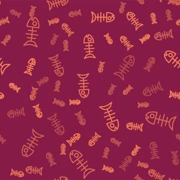 Brown line Dead fish icon isolated seamless pattern on red background. Vector 스톡 일러스트