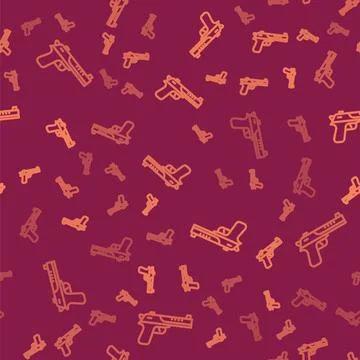 Brown line Desert eagle gun icon isolated seamless pattern on red background Stock Illustration