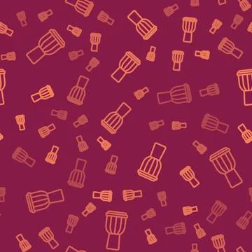 Brown line Drum icon isolated seamless pattern on red background. Music sign Stock Illustration