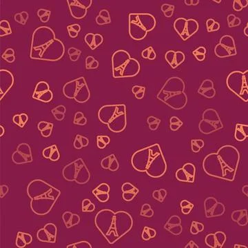 Brown line Eiffel tower with heart icon isolated seamless pattern on red ba.. Stock Illustration