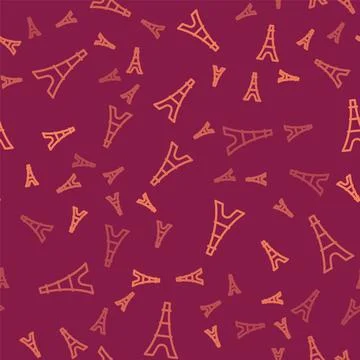Brown line Eiffel tower icon isolated seamless pattern on red background. France Stock Illustration
