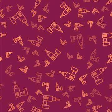 Brown line Electric drill machine icon isolated seamless pattern on red Stock Illustration