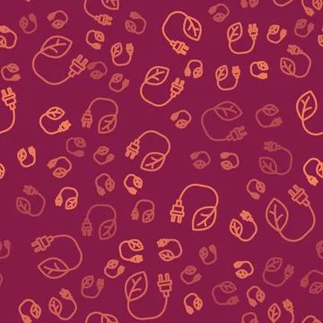 Brown line Electric saving plug in leaf icon isolated seamless pattern on r.. Stock Illustration