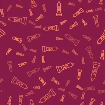 Brown line Flashlight icon isolated seamless pattern on red background. Vector 스톡 일러스트