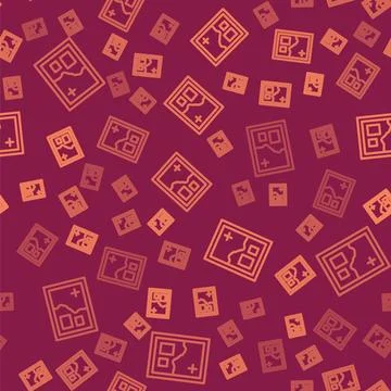 Brown line Folded map icon isolated seamless pattern on red background. Vector Stock Illustration
