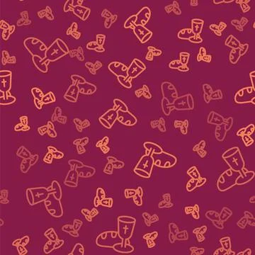 Brown line Goblet and bread icon isolated seamless pattern on red background Stock Illustration