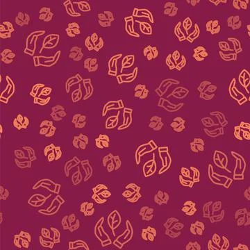 Brown line Hand hold a leaf of the plant icon isolated seamless pattern on red Illustrazione stock