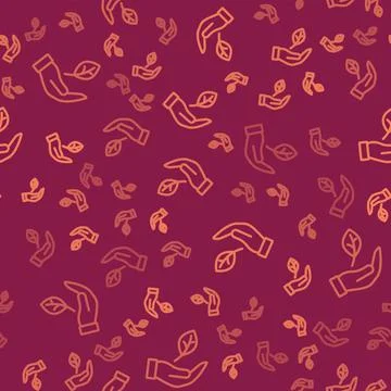 Brown line Hand hold a leaf of the plant icon isolated seamless pattern on red Stock Illustration
