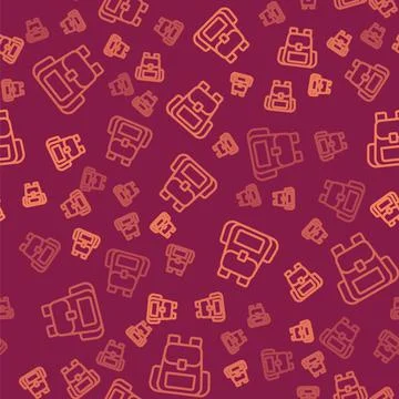 Brown line Hiking backpack icon isolated seamless pattern on red background 스톡 일러스트