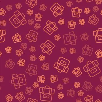 Brown line Hiking backpack icon isolated seamless pattern on red background.  Illustrazione stock