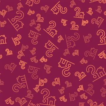 Brown line House with question mark icon isolated seamless pattern on red Stock Illustration