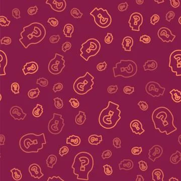 Brown line Human head with question mark icon isolated seamless pattern on red Stock Illustration