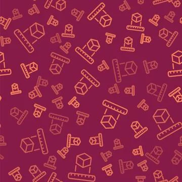Brown line Isometric cube icon isolated seamless pattern on red background. G イラスト素材