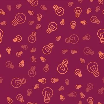 Brown line Light bulb with concept of idea icon isolated seamless pattern on red Stock Illustration