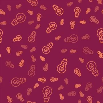 Brown line Light bulb with leaf icon isolated seamless pattern on red background Stock Illustration