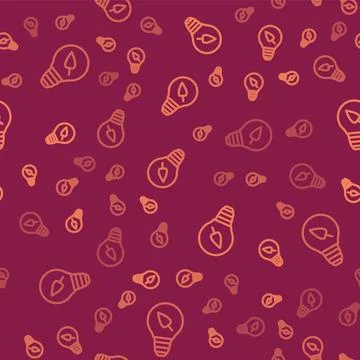 Brown line Light bulb with leaf icon isolated seamless pattern on red backgro Illustrazione stock