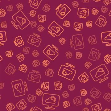 Brown line Location cloud icon isolated seamless pattern on red background Stock Illustration