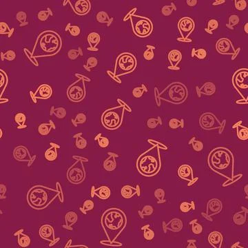 Brown line Location on the globe icon isolated seamless pattern on red Illustrazione stock
