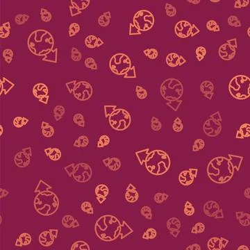 Brown line Location on the globe icon isolated seamless pattern on red back.. イラスト素材