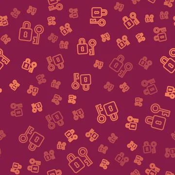 Brown line Lock with key icon isolated seamless pattern on red background. Love Stock Illustration