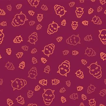 Brown line Mask of the devil with horns icon isolated seamless pattern on red Stock Illustration