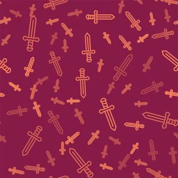 Brown line Medieval sword icon isolated seamless pattern on red background Stock Illustration