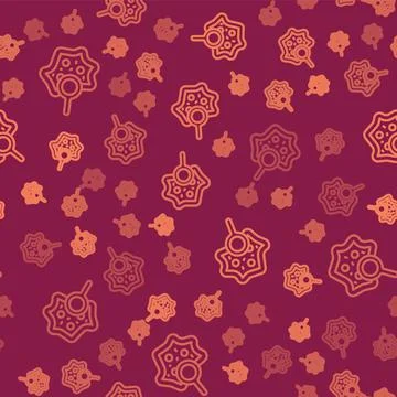 Brown line Microorganisms under magnifier icon isolated seamless pattern on red Illustrazione stock