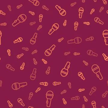 Brown line Microphone icon isolated seamless pattern on red background. On air Stock Illustration